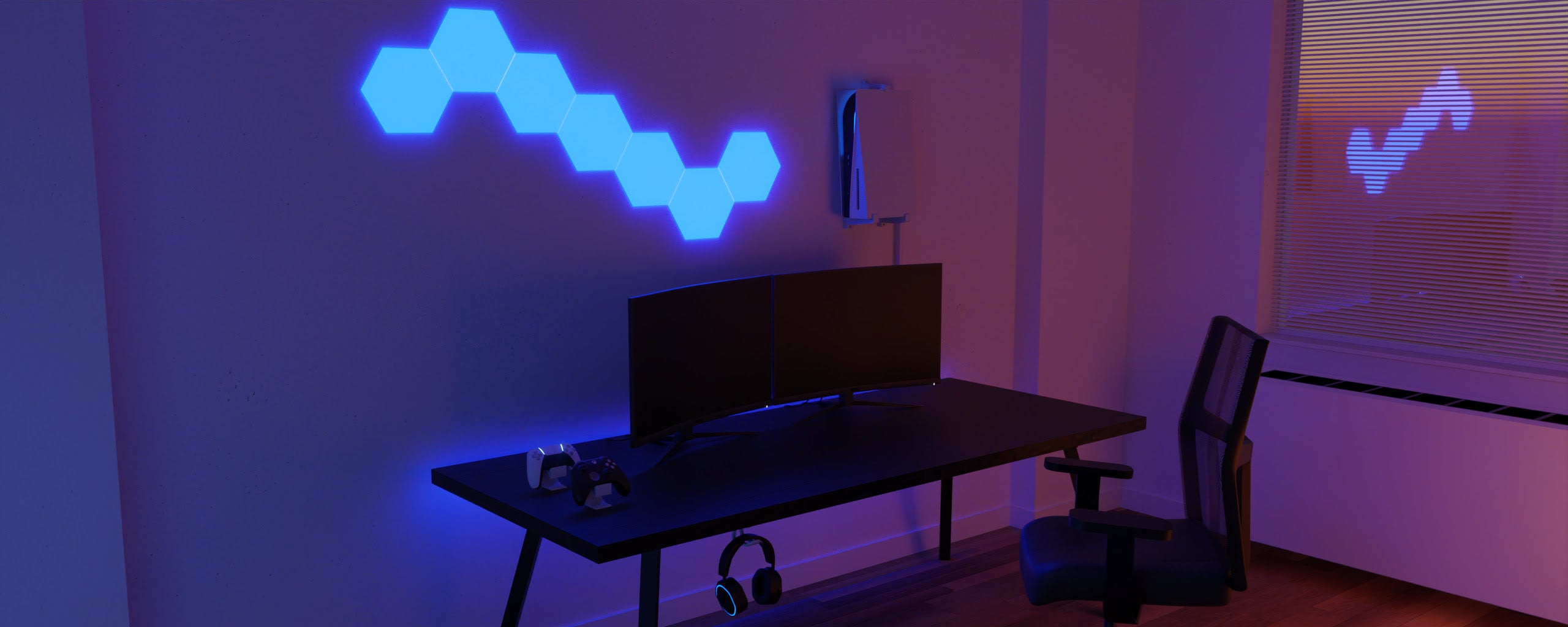 Konsolen-wandhalterung-in-gamingzimmer-blaue-LEDs